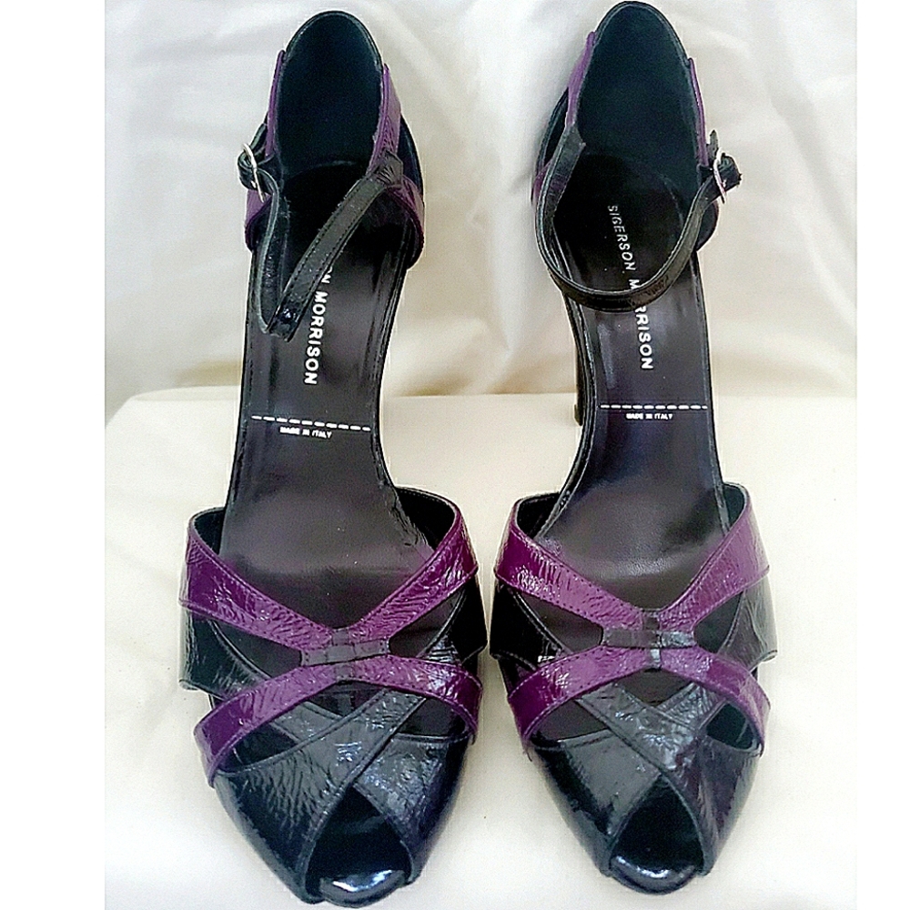 NEW Sigerson Morrison Black Patent Leather with Pop of Purple Strappy Heel SZ 9